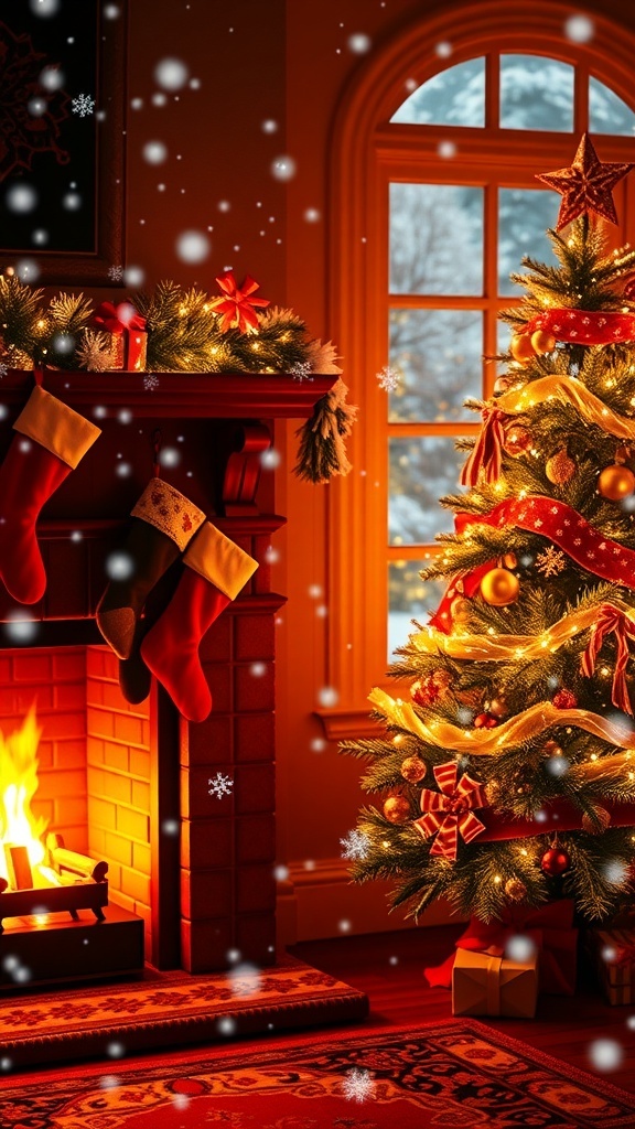 A cozy Christmas scene with a fireplace, decorated tree, and falling snowflakes.